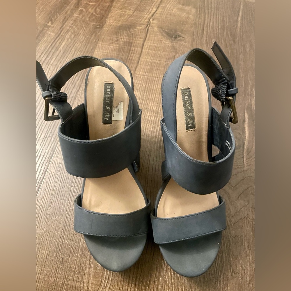 Grey-blue wedge heels, size 7.5.